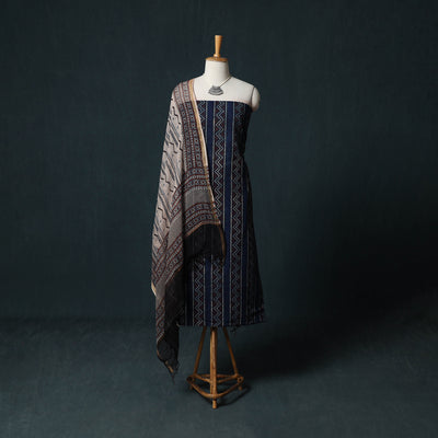 Ajrakh Hand Block Print Natural Dyed Cotton 2pc Unstitched Dress Material Kurta Set with Jewellery 14