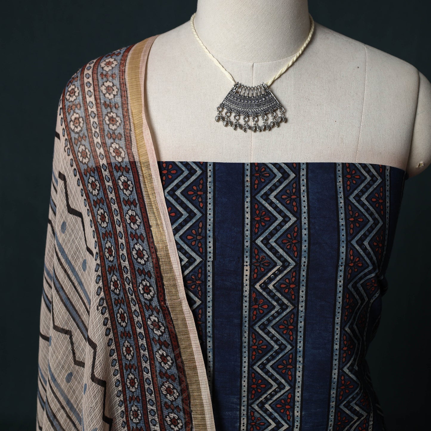 Ajrakh Hand Block Print Natural Dyed Cotton 2pc Unstitched Dress Material Kurta Set with Jewellery 14