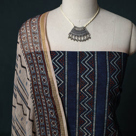 Ajrakh Hand Block Print Natural Dyed Cotton 2pc Unstitched Dress Material Kurta Set with Jewellery 14