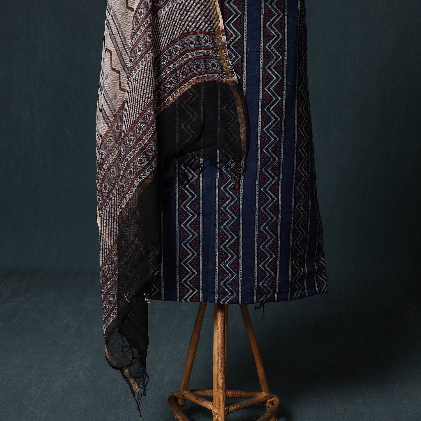 Ajrakh Hand Block Print Natural Dyed Cotton 2pc Unstitched Dress Material Kurta Set with Jewellery 14