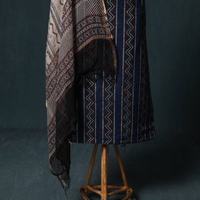 Ajrakh Hand Block Print Natural Dyed Cotton 2pc Unstitched Dress Material Kurta Set with Jewellery 14
