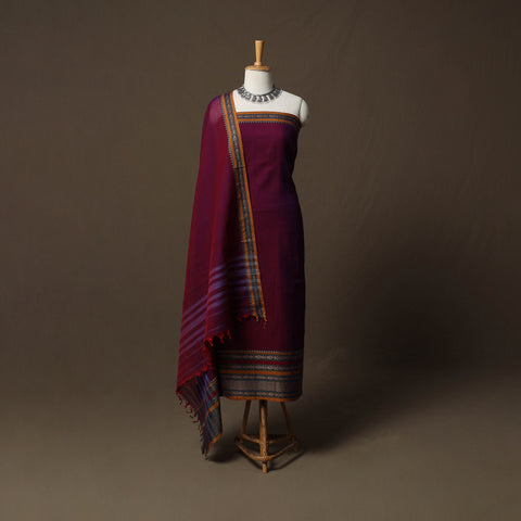 Purple - Dharwad Cotton 3pc Unstitched Dress Material Suit Set with Woven Border 22