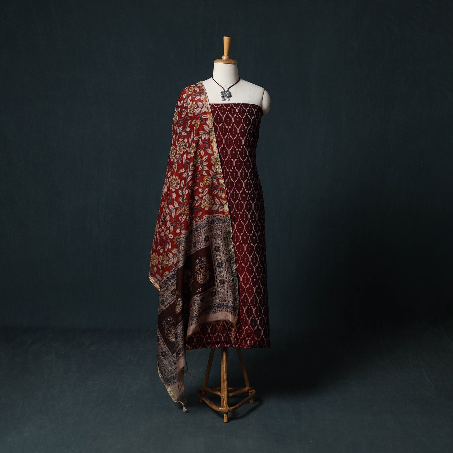 Pochampally Ikat Mercerised Cotton 2pc Unstitched Dress Material Kurta Set with Jewellery 16