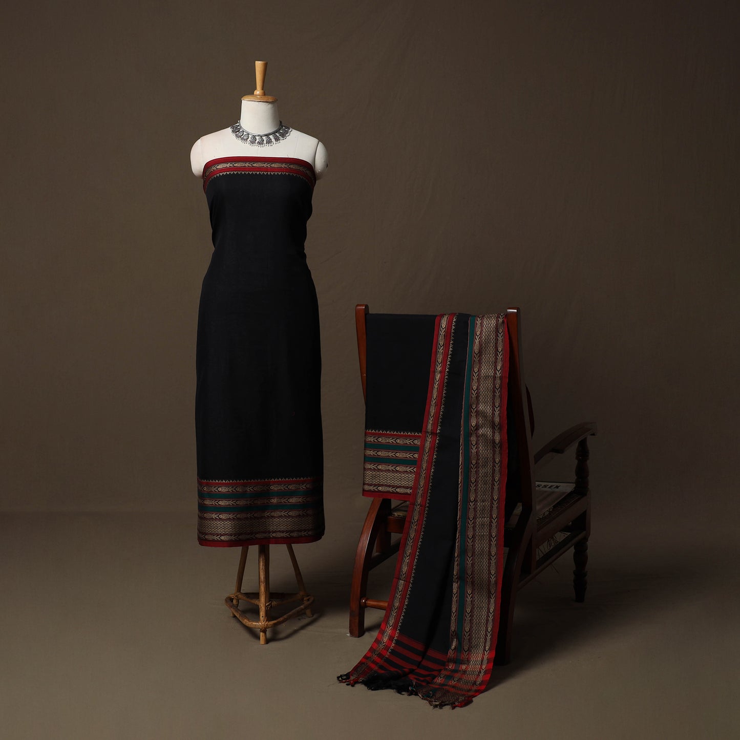 Dharwad Cotton 3pc Unstitched Dress Material Suit Set with Woven Border 21