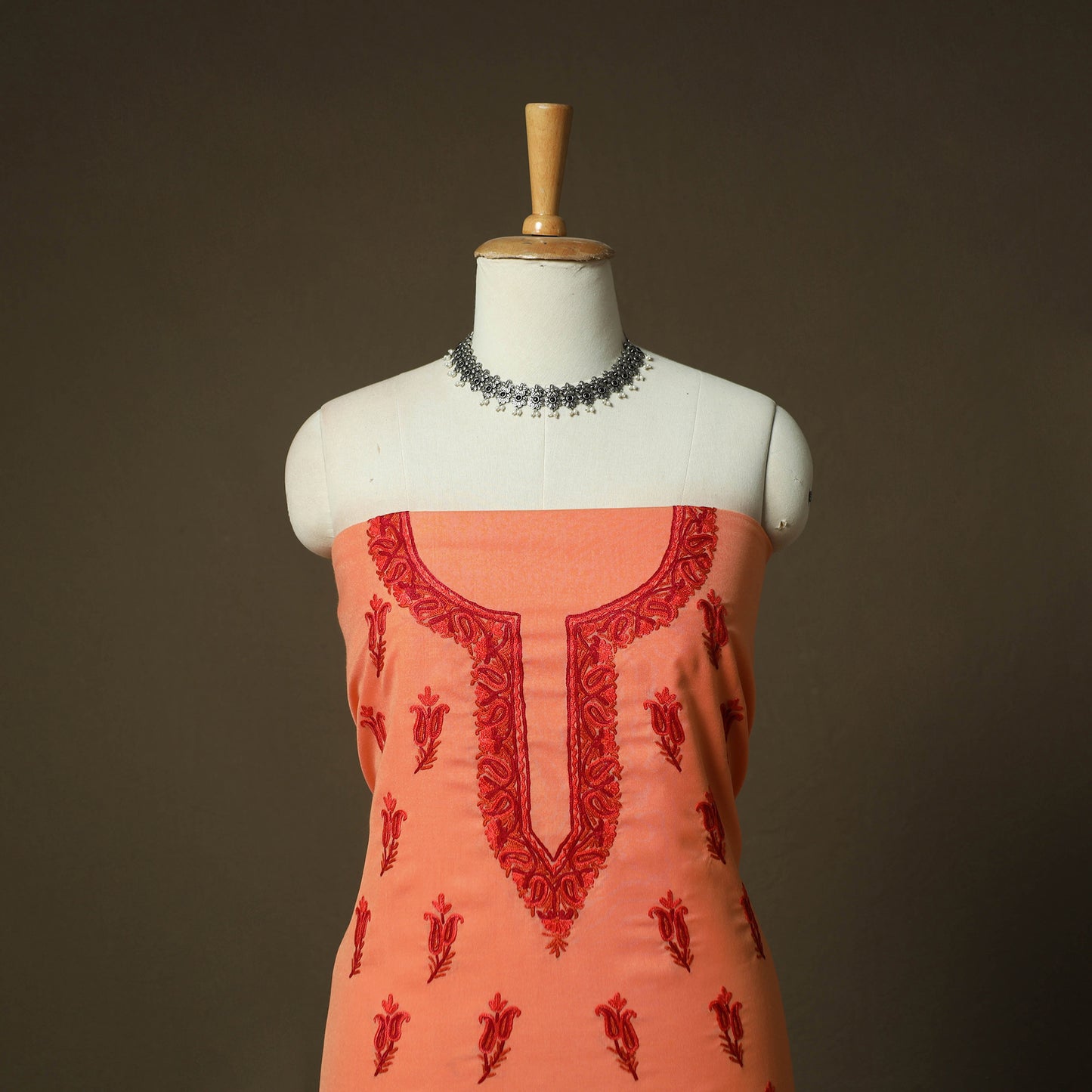 Peach - Aari Hand Embroidery Cotton 2pc Unstitched Dress Material Kurta Set 16