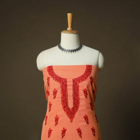 Peach - Aari Hand Embroidery Cotton 2pc Unstitched Dress Material Kurta Set 16