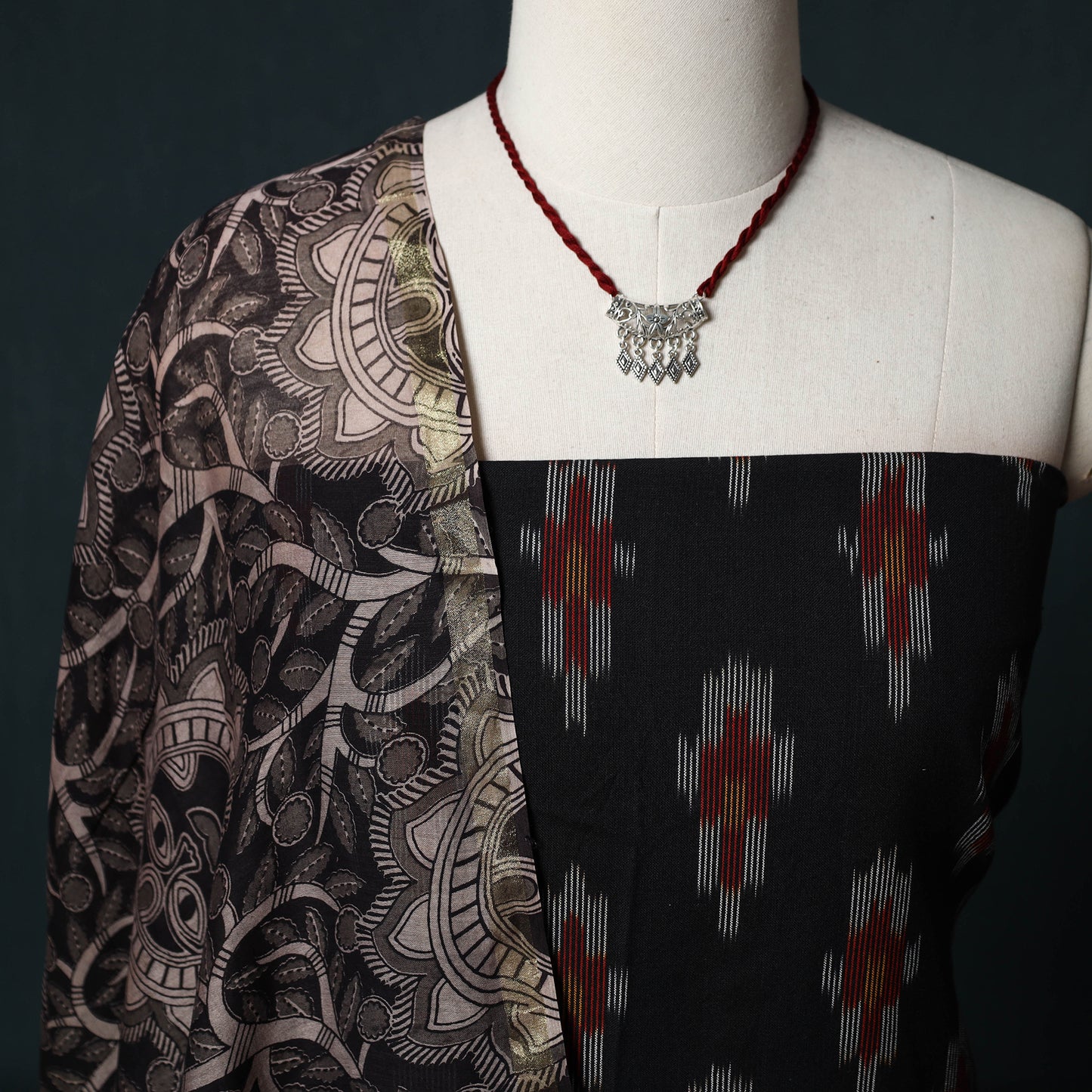 Pochampally Ikat Cotton 2pc Unstitched Dress Material Kurta Set with Jewellery 17