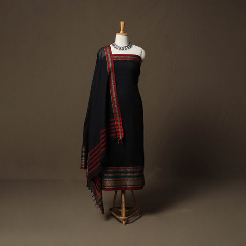 Black - Dharwad Cotton 3pc Unstitched Dress Material Suit Set with Woven Border 21