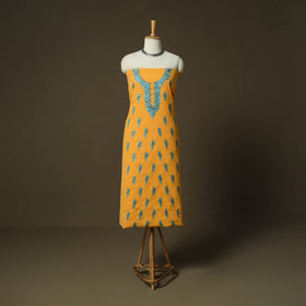 Yellow - Aari Hand Embroidery Cotton 2pc Unstitched Dress Material Kurta Set 17