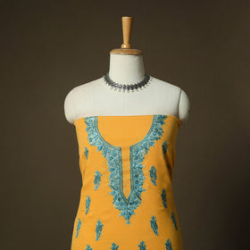 Yellow - Aari Hand Embroidery Cotton 2pc Unstitched Dress Material Kurta Set 17