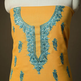 Yellow - Aari Hand Embroidery Cotton 2pc Unstitched Dress Material Kurta Set 17