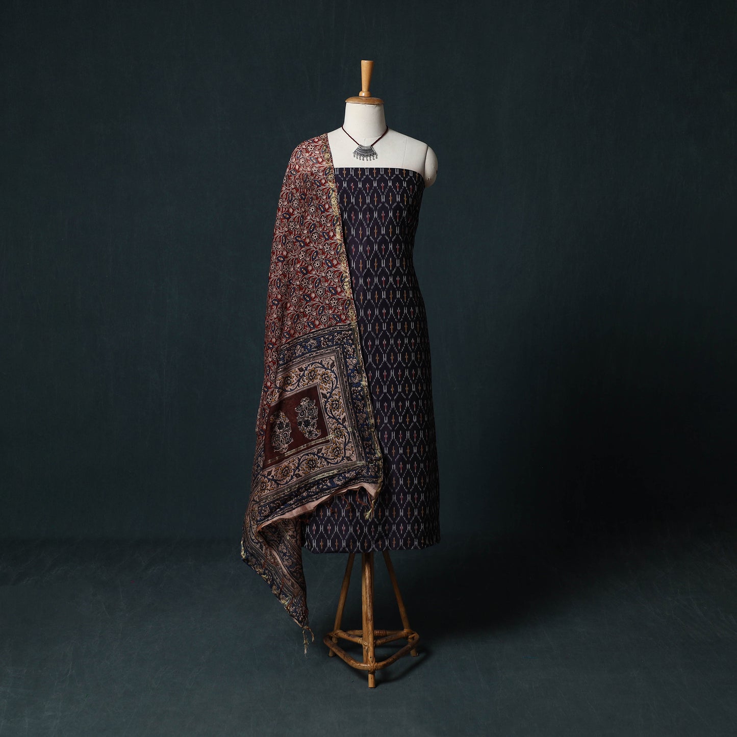 Pochampally Ikat Mercerised Cotton 2pc Unstitched Dress Material Kurta Set with Jewellery 18