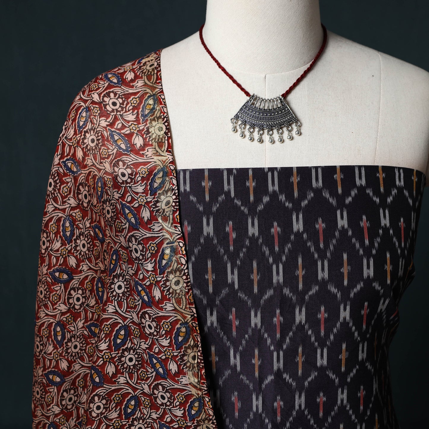 Pochampally Ikat Mercerised Cotton 2pc Unstitched Dress Material Kurta Set with Jewellery 18