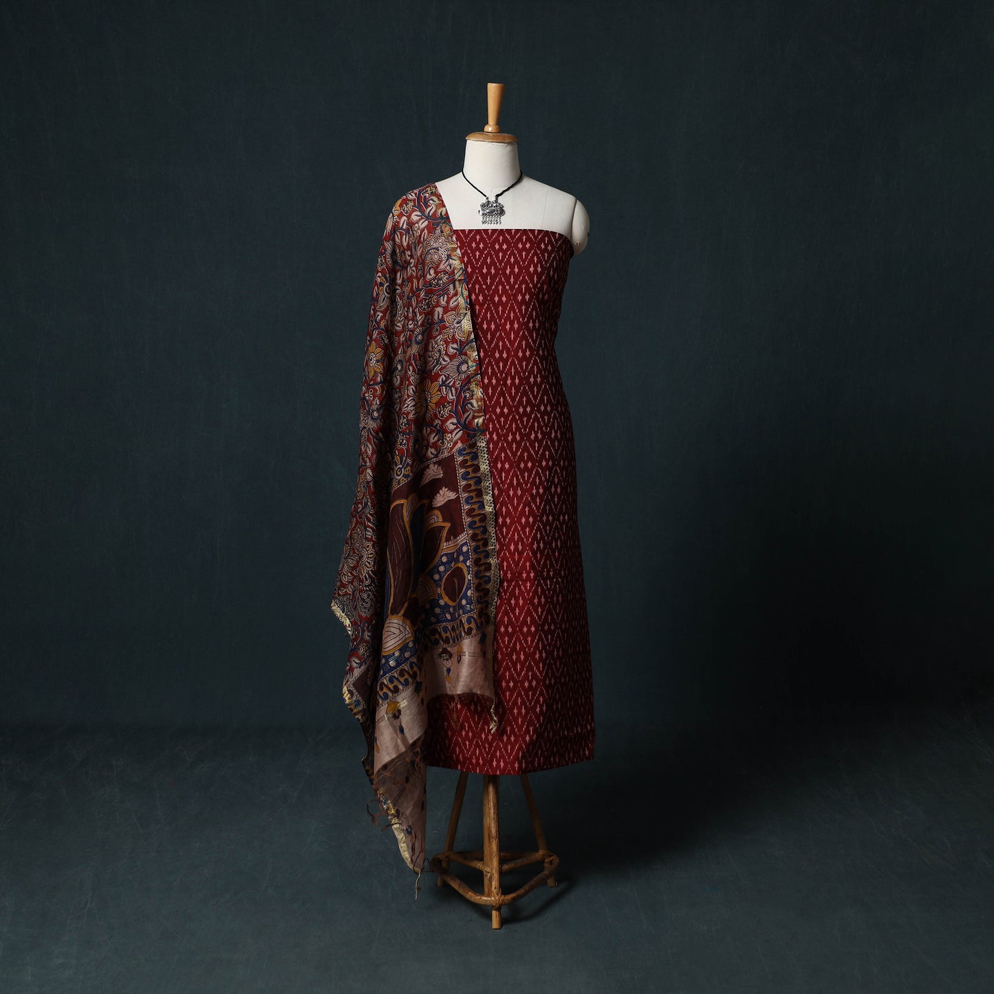 Pochampally Ikat Mercerised Cotton 2pc Unstitched Dress Material Kurta Set with Jewellery 19