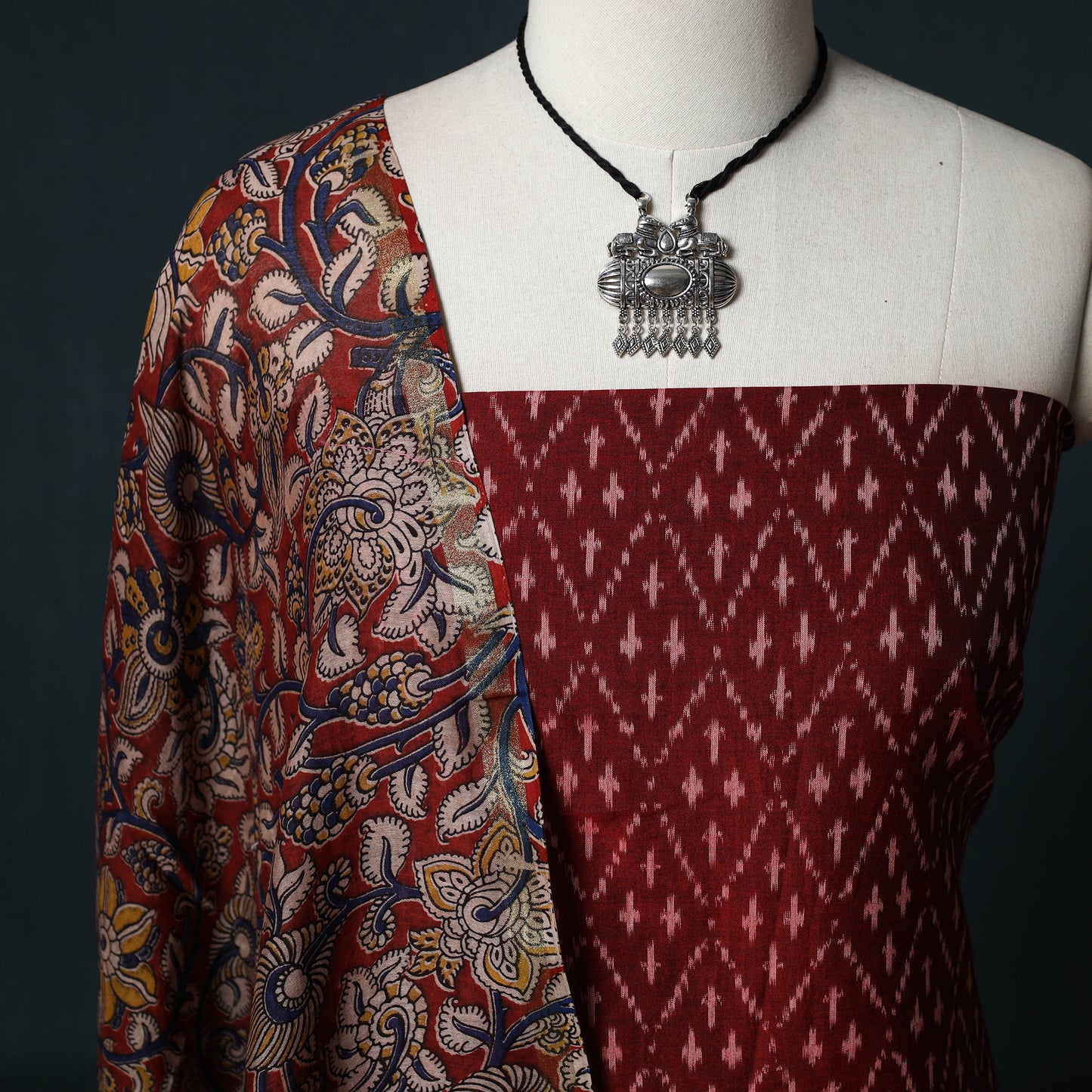 Pochampally Ikat Mercerised Cotton 2pc Unstitched Dress Material Kurta Set with Jewellery 19
