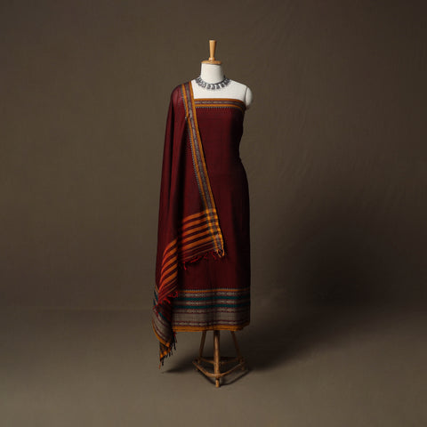 Maroon - Dharwad Cotton 3pc Unstitched Dress Material Suit Set with Woven Border 19