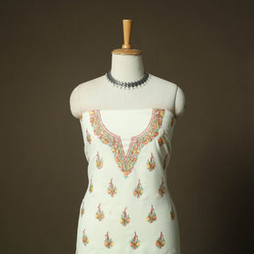 White - Aari Hand Embroidery Cotton 2pc Unstitched Dress Material Kurta Set 19