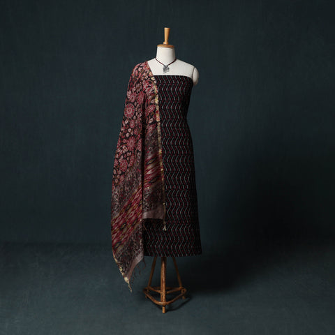Pochampally Ikat Mercerised Cotton 2pc Unstitched Dress Material Kurta Set with Jewellery 20
