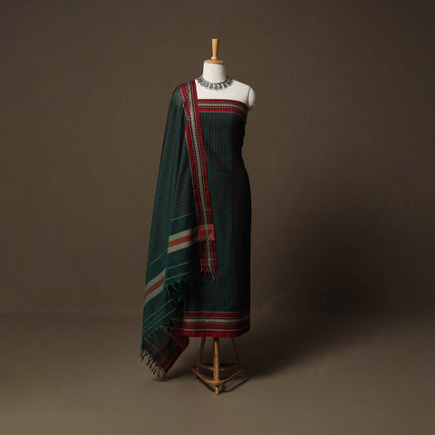 Green - Dharwad Cotton 3pc Unstitched Dress Material Suit Set with Woven Border 17