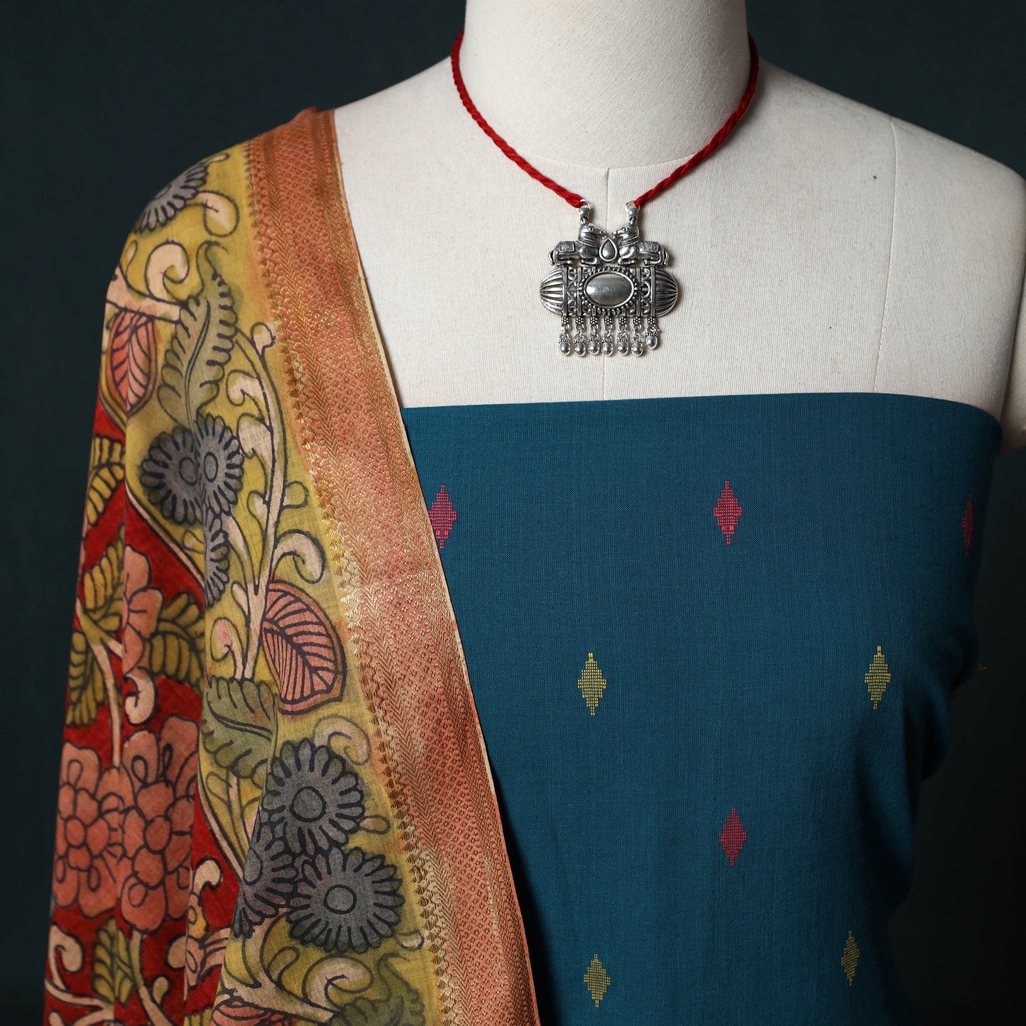 Jacquard Woven Cotton 2pc Unstitched Dress Material Kurta Set with Jewellery 21