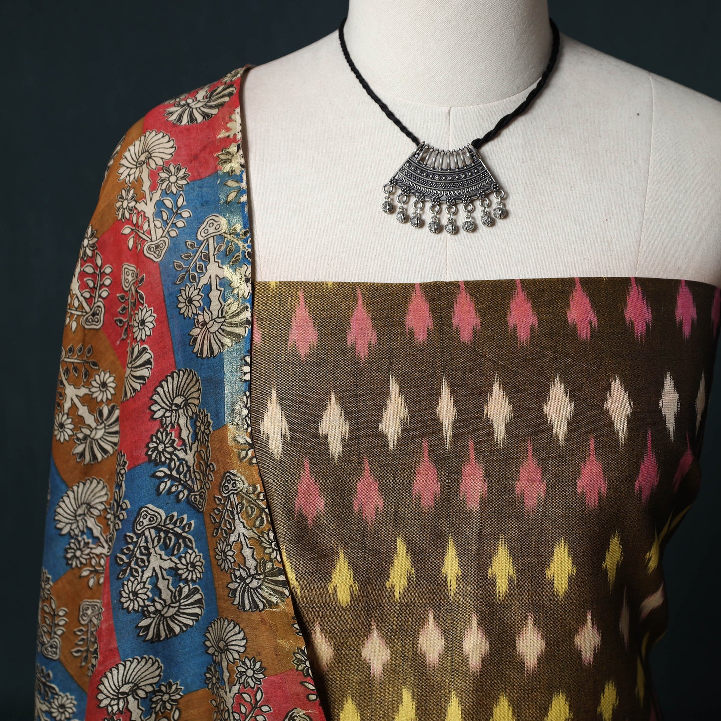 Pochampally Ikat Mercerised Cotton 2pc Unstitched Dress Material Kurta Set with Jewellery 22