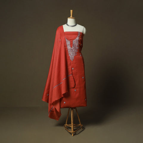 Orange - Sozni Hand Embroidery Pure Silk 3pc Unstitched Dress Material Suit Set 21