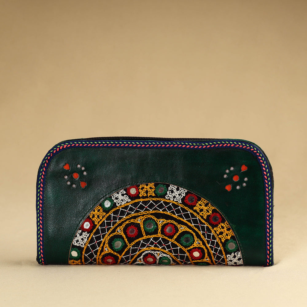 Green - Kutch Embroidery Cotton Handmade Leather Wallet 25