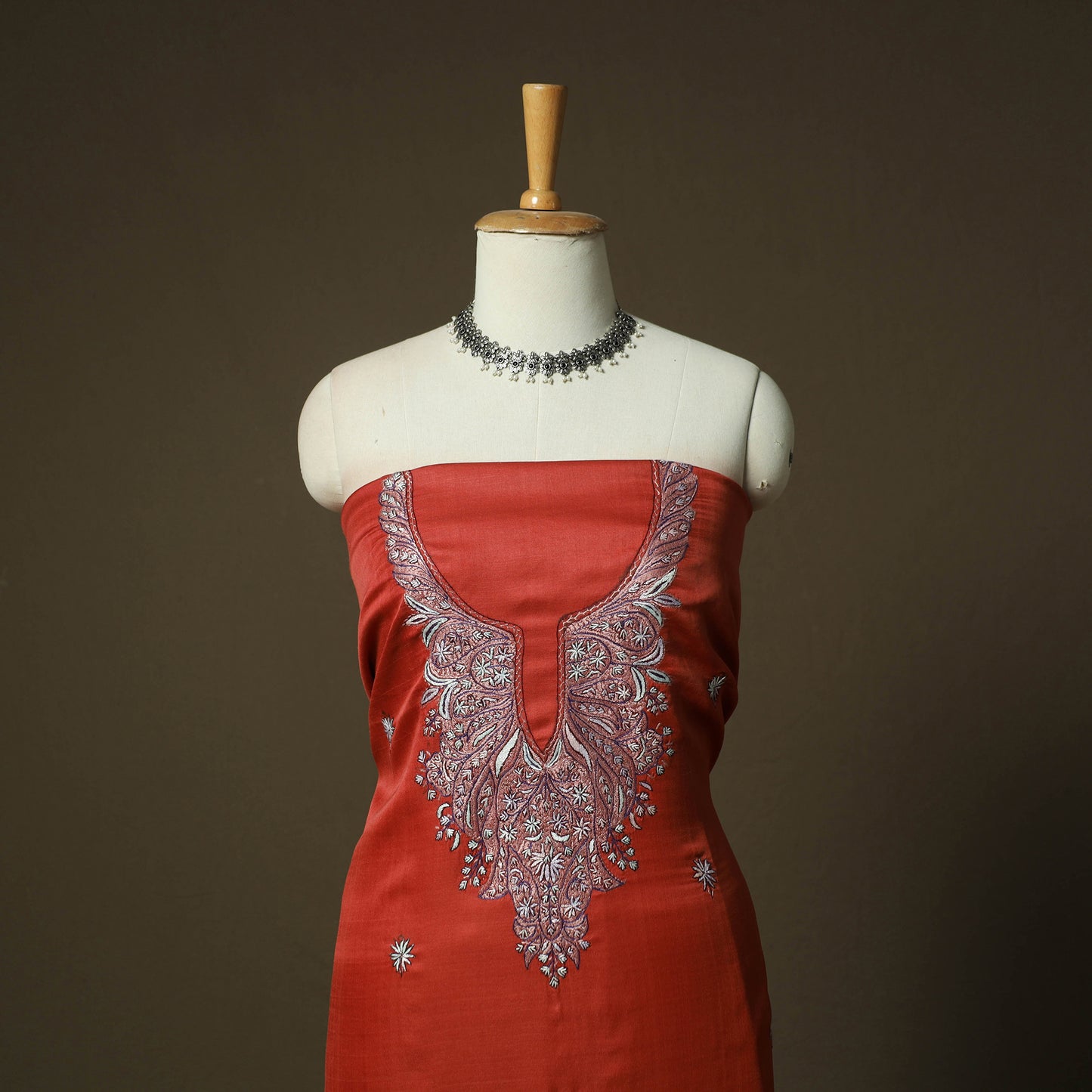 Orange - Sozni Hand Embroidery Pure Silk 3pc Unstitched Dress Material Suit Set 21