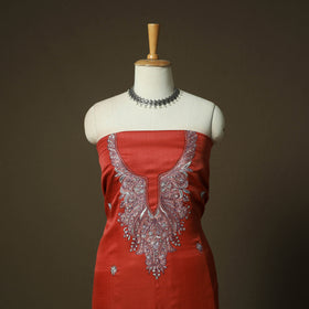 Orange - Sozni Hand Embroidery Pure Silk 3pc Unstitched Dress Material Suit Set 21