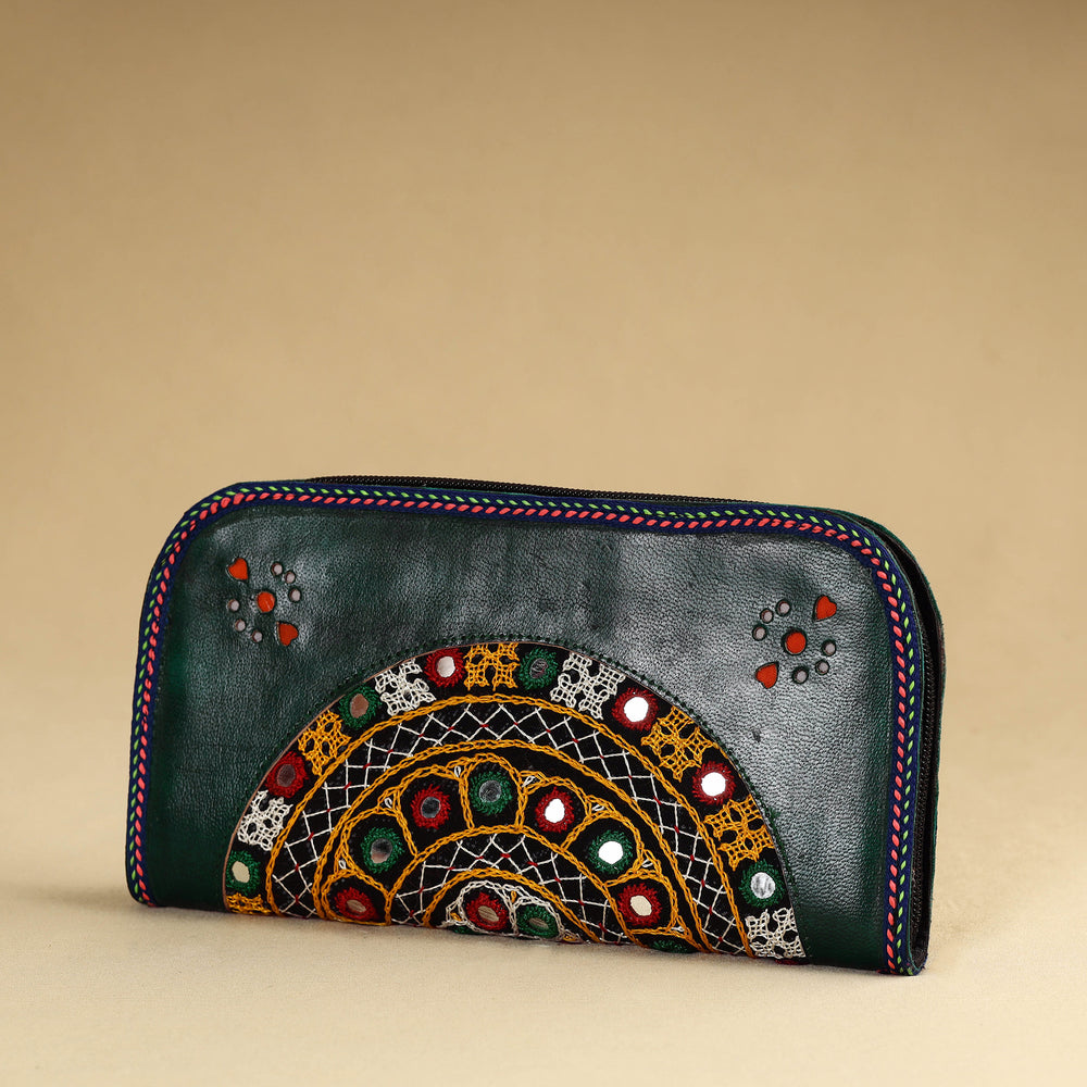 Green - Kutch Embroidery Cotton Handmade Leather Wallet 25