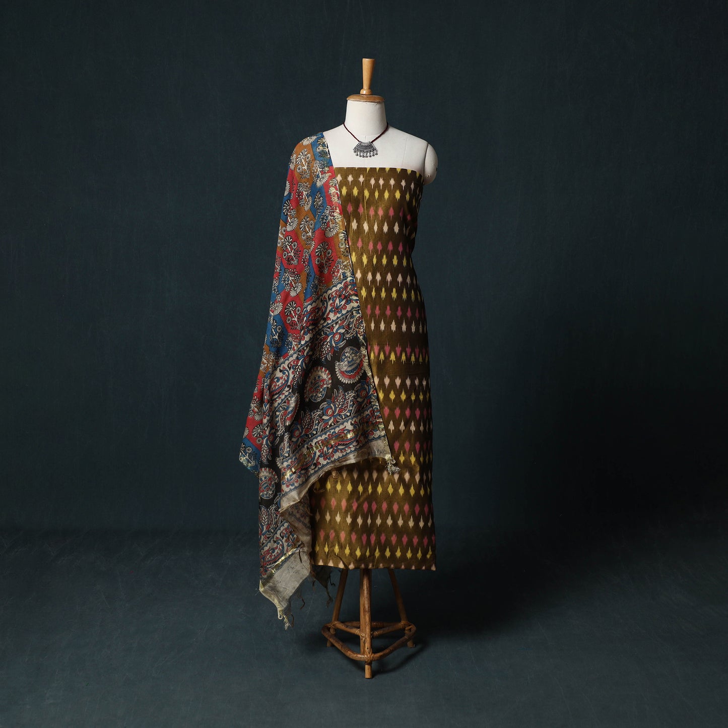 Pochampally Ikat Mercerised Cotton 2pc Unstitched Dress Material Kurta Set with Jewellery 23