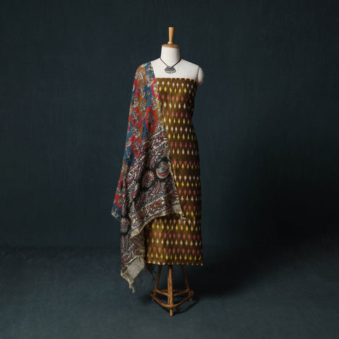 Pochampally Ikat Mercerised Cotton 2pc Unstitched Dress Material Kurta Set with Jewellery 23