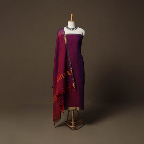 Purple - Dharwad Cotton 3pc Unstitched Dress Material Suit Set with Woven Border 14