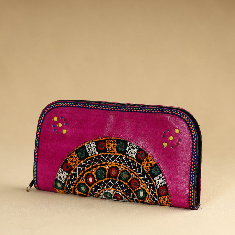 Purple - Kutch Embroidery Cotton Handmade Leather Wallet 27