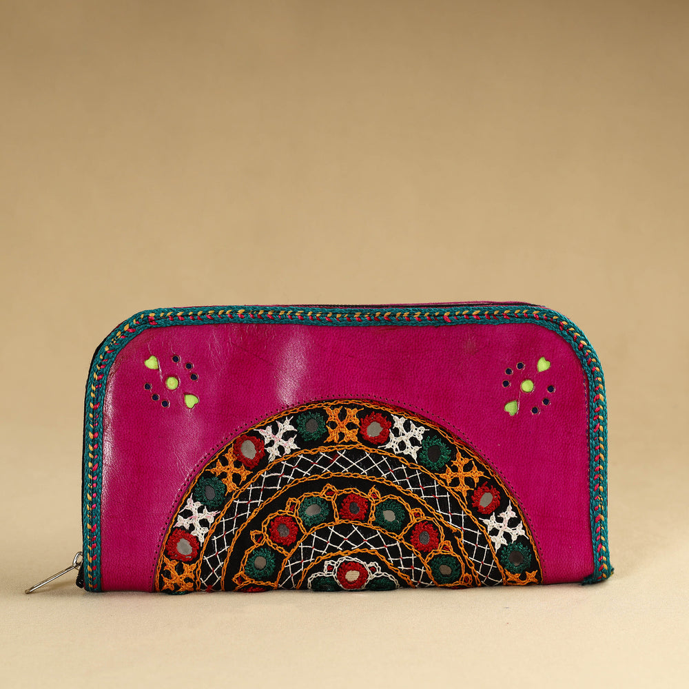 Pink - Kutch Embroidery Cotton Handmade Leather Wallet 28