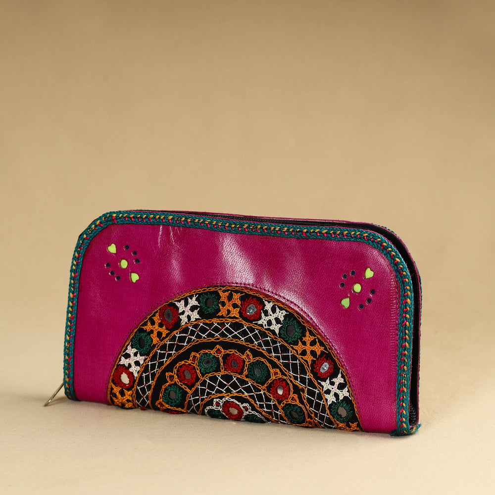 Pink - Kutch Embroidery Cotton Handmade Leather Wallet 28