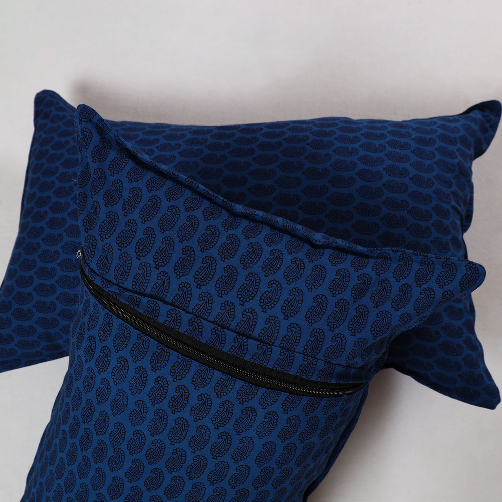 Blue - Bagh Block Printed Cotton Pillow Cover (Set of 2) 04