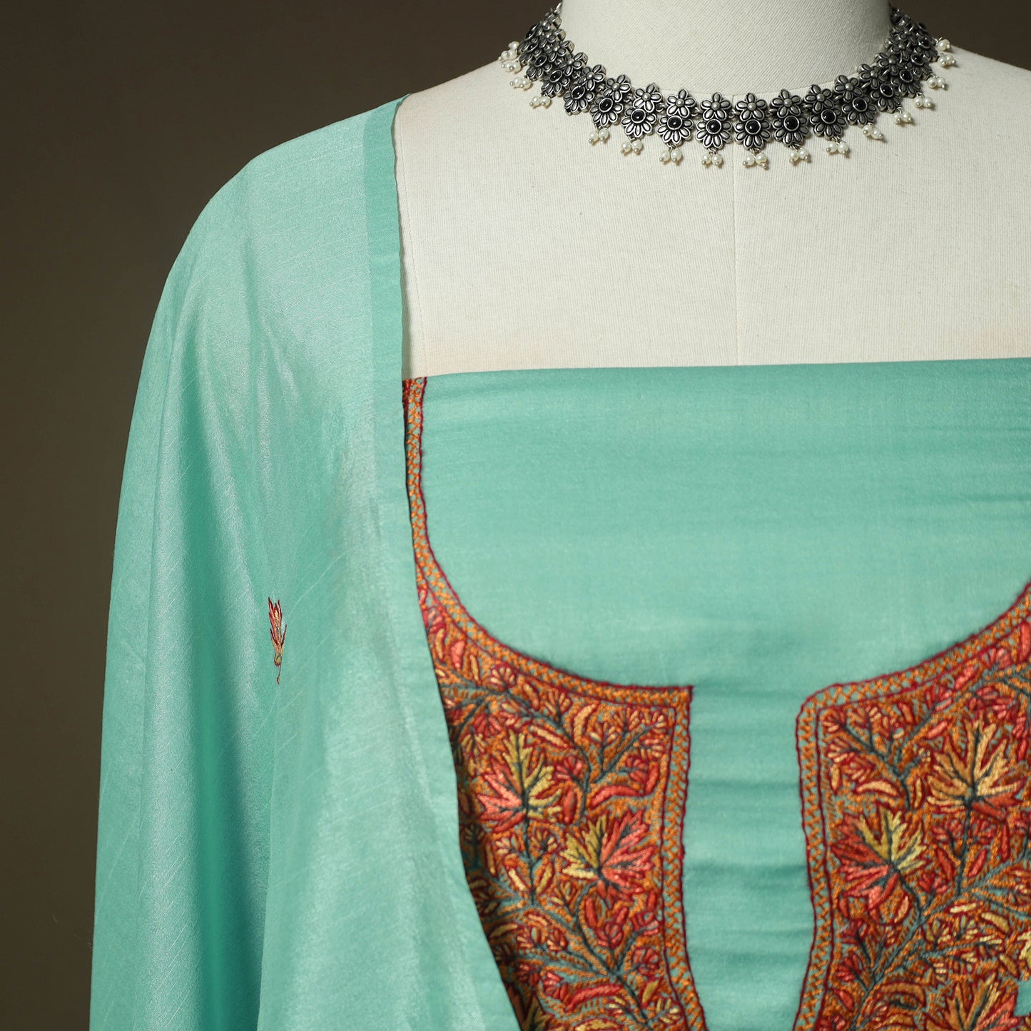 Green - Sozni Hand Embroidery Pure Silk 3pc Unstitched Dress Material Suit Set 23