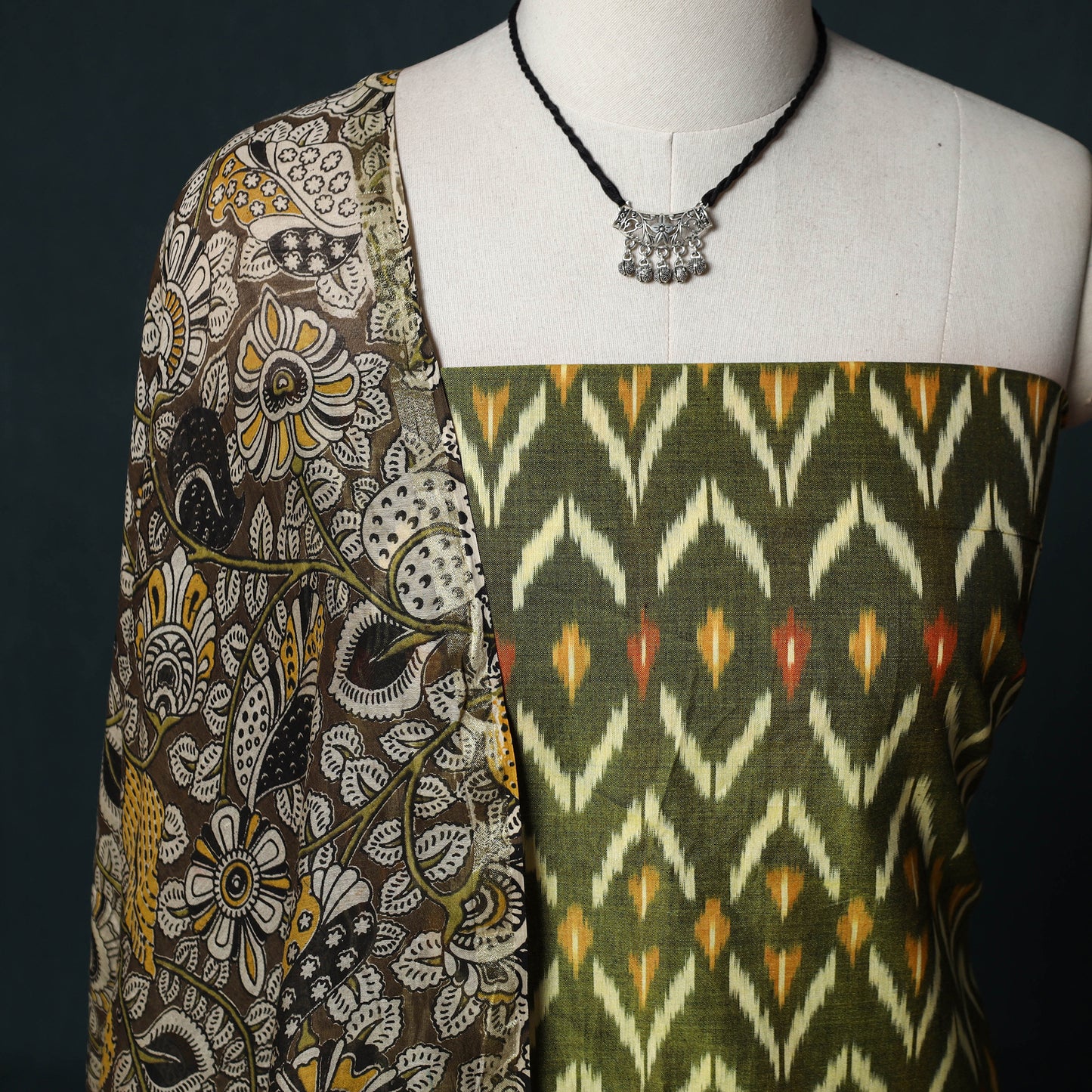 Pochampally Ikat Mercerised Cotton 2pc Unstitched Dress Material Kurta Set with Jewellery 24