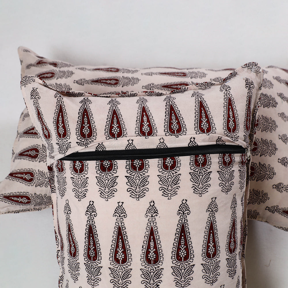 Beige - Bagh Block Printed Cotton Pillow Cover (Set of 2) 05