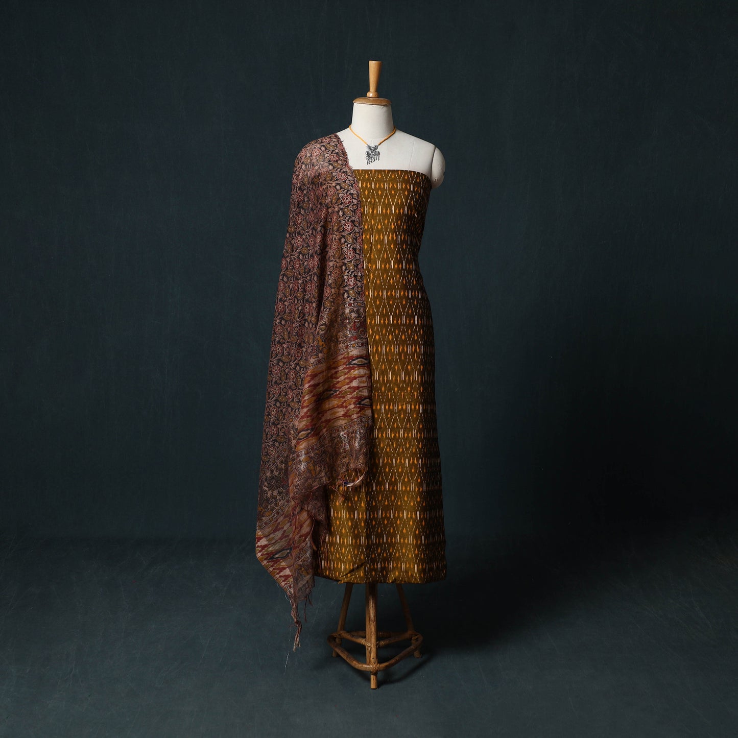 Pochampally Ikat Mercerised Cotton 2pc Unstitched Dress Material Kurta Set with Jewellery 25