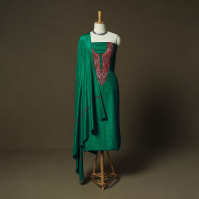 Green - Sozni Hand Embroidery Pure Silk 3pc Unstitched Dress Material Suit Set 24