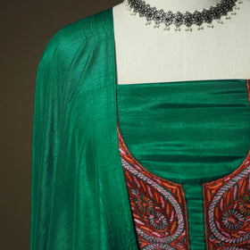 Green - Sozni Hand Embroidery Pure Silk 3pc Unstitched Dress Material Suit Set 24