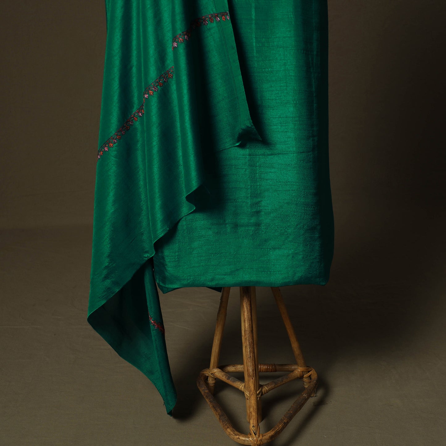 Green - Sozni Hand Embroidery Pure Silk 3pc Unstitched Dress Material Suit Set 24