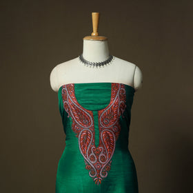 Green - Sozni Hand Embroidery Pure Silk 3pc Unstitched Dress Material Suit Set 24