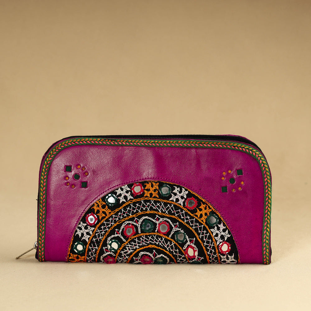 Purple - Kutch Embroidery Cotton Handmade Leather Wallet 34