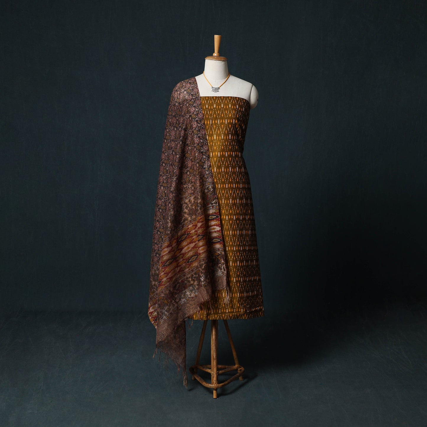 Pochampally Ikat Mercerised Cotton 2pc Unstitched Dress Material Kurta Set with Jewellery 26