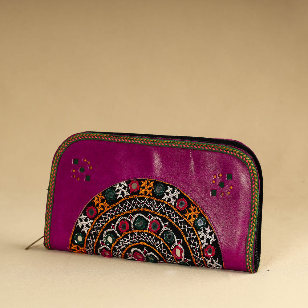 Purple - Kutch Embroidery Cotton Handmade Leather Wallet 34