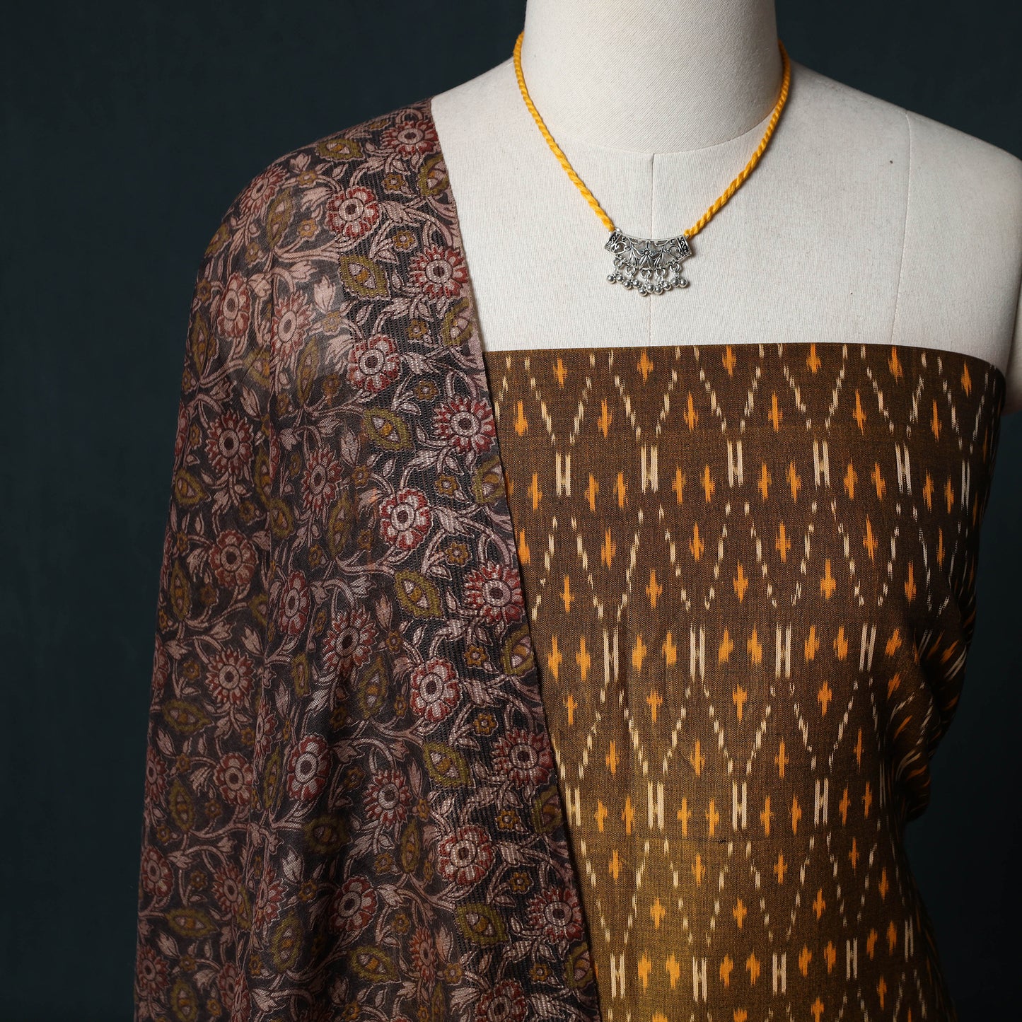 Pochampally Ikat Mercerised Cotton 2pc Unstitched Dress Material Kurta Set with Jewellery 26
