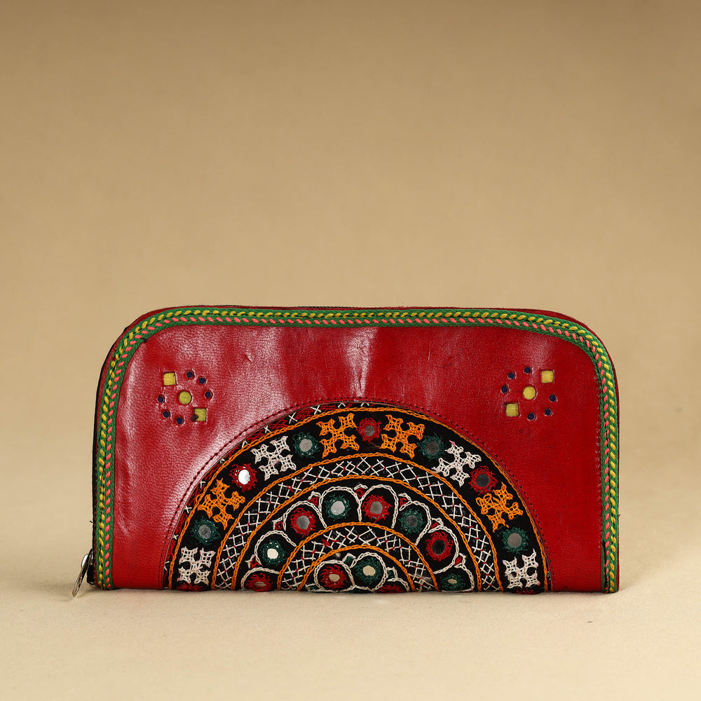 Red - Kutch Embroidery Cotton Handmade Leather Wallet 35